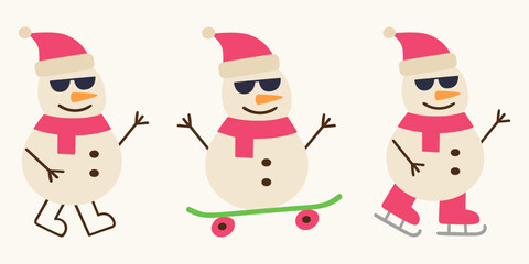 Fototapeta premium cute snowman character collection with skateboard and ice skates in sunglasses flat vector illustration winter holiday mascot set design