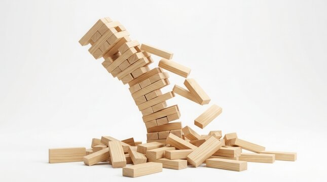 Wood block Jenga tower breaking down and unstable on a white background