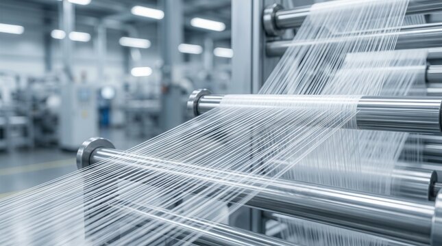 Automated lines spinning fine polyester staple fibers in a closeup medium shot highlighting delicate strands.