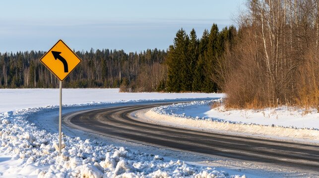 Snowy rural road with curve warning sign, winter landscape and natural daylight showing cold season travel hazards, road safety concerns, icy conditions and challenges for drivers in remote areas