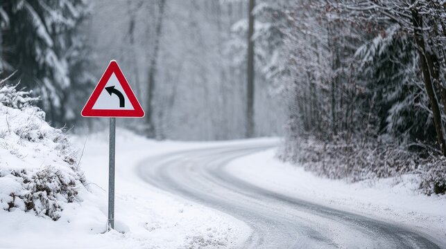 Snowy rural road with curve warning sign, winter landscape and natural daylight showing cold season travel hazards, road safety concerns, icy conditions and challenges for drivers in remote areas