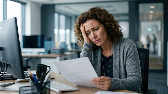 Termination letter reaction of a professional woman while seated at her office desk during working hours