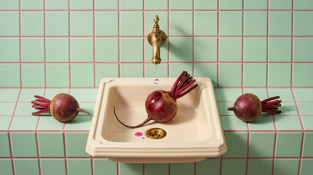 Fresh red beets placed in a vintage sink with brass faucet