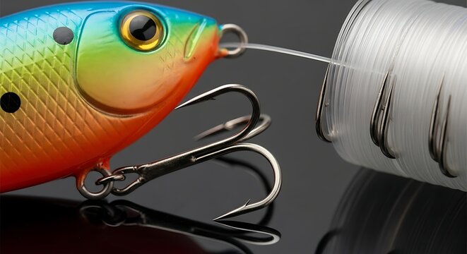 Fishing lure with sharp hooks and fishing line on a dark reflective surface