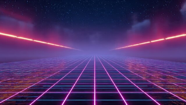 Futuristic neon grid landscape at night with starry sky and glowing horizon