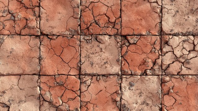 Close-up of textured drought-affected clay tiles with cracks and red earth patterns