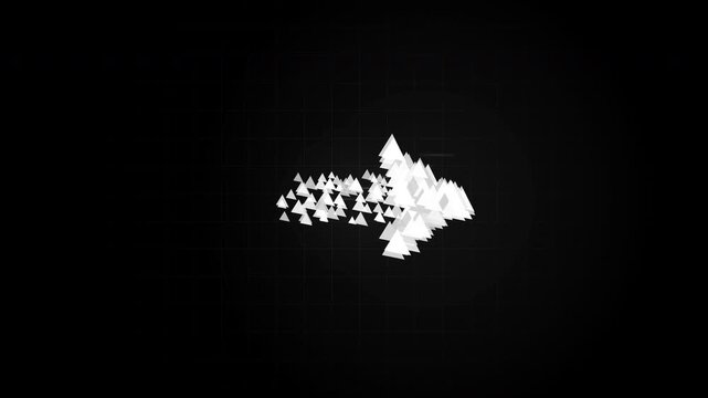 Abstract white triangles forming a dynamic arrow shape on a dark grid, ideal for motion graphics, digital presentations and corporate identity
