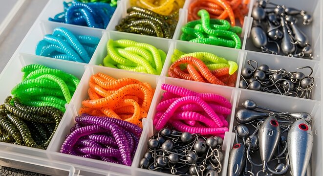 Vibrant assortment of soft plastic fishing lures and diverse tackle components, meticulously organized within a clear tackle box for effective angling
