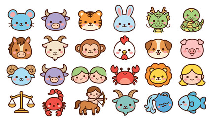 Obraz premium Cute zodiac animals and symbols collection