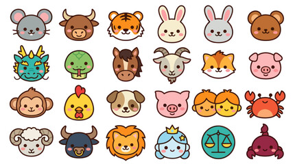 Naklejka premium Cute zodiac animals and symbols collection