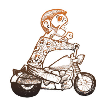 Vintage Brown Ink Sketch of Cartoon Biker Riding a Motorcycle Vector Illustration