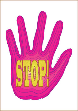 Pink Graphic Hand Outline with Yellow Stop Text Vector Illustration
