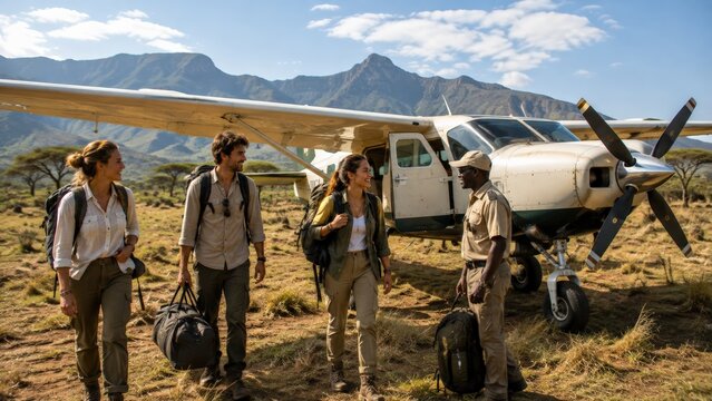 Backpackers Arriving by Bush Plane on African Safari
