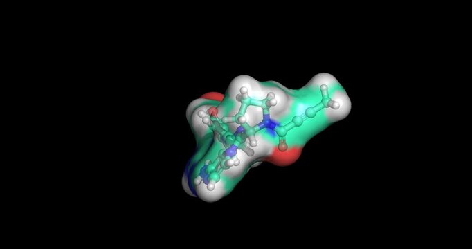 Acalabrutinib, second-generation covalent Bruton's tyrosine kinase (BTK) inhibitor used as a targeted anti-cancer therapy for B-cell malignancies, 3D molecule spinning, 4K