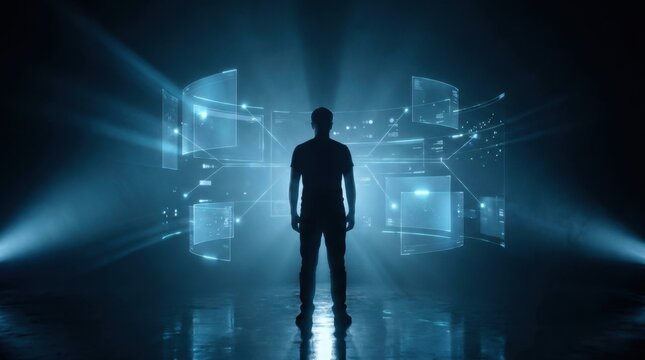 Silhouette of a person standing in front of a futuristic glowing digital interface.