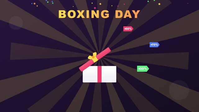 Boxing day mega sale animation with opening gift box and discount tags
