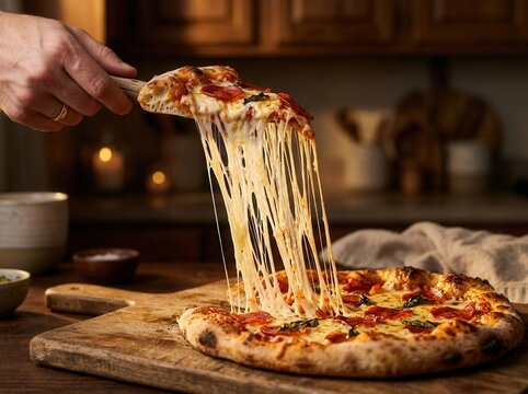 Freshly baked pepperoni pizza slice being lifted by hand showing delicious melted cheese strings against a rustic dark wooden background