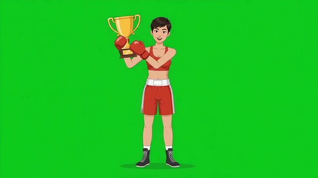 Female boxer celebrating victory with a golden trophy on a green screen background.