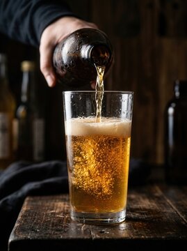 Golden amber beer pouring from a dark frosted bottle into a clear glass creating fresh bubbly foam on wooden surface