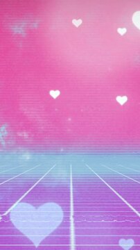 Digital animation of heart shapes falling on grid pattern against pink and blue background