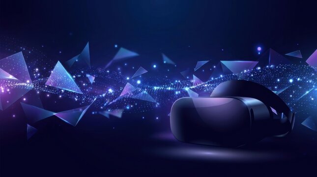 Virtual Reality Headset with Futuristic Digital Network Overlay.