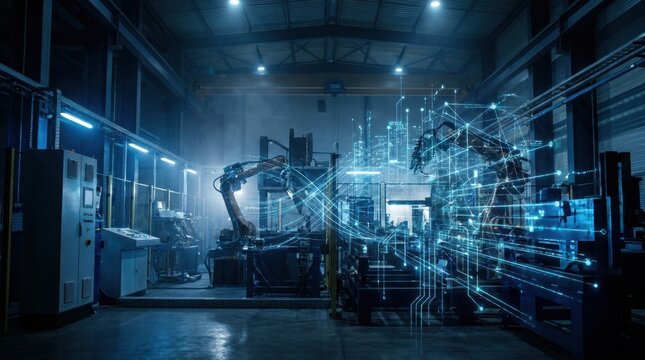 Futuristic industrial factory with advanced robotic arm and digital data visualization.