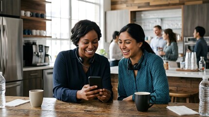Fototapeta premium Two diverse smiling colleagues looking at a smartphone in a modern office