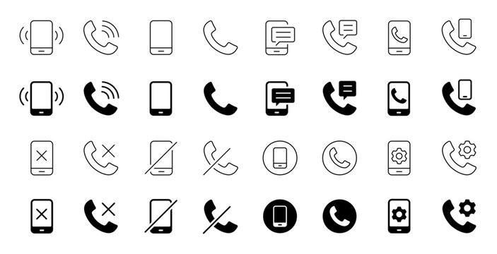 Phone call vector icon set. Smartphone and handset symbols for incoming call, ringing, message, decline, mute, settings, and support in thin line art and solid black styles.