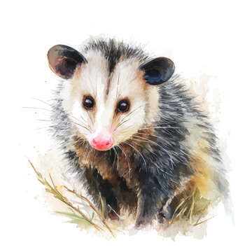 Opossum, watercolor illustration vector, isolated on a white background.