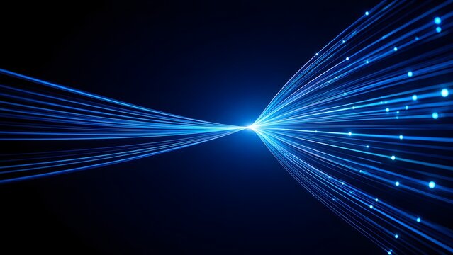 Abstract 3D render of glowing blue fiber optic cables converging at a central node and expanding outward representing digital data transmission and high speed internet connection