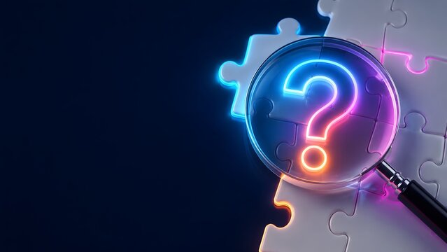 Futuristic problem solving concept showing a magnifying glass revealing a glowing neon question mark on a dark jigsaw puzzle background