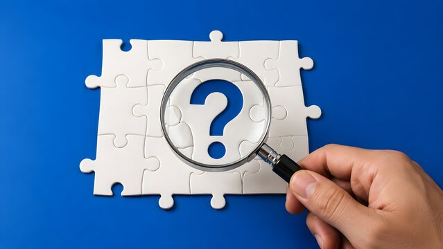 Hand holding a magnifying glass over a white jigsaw puzzle revealing a blue question mark representing active search and problem solving