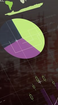 Animation of statistical data processing over grid network against aerial view of cityscape