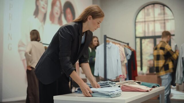 Clothing Store Shopping. Female Visual Merchandiser in a Black Blazer Carefully Folds and Straightens Neat Stacks of Apparel on a Display While Customers Browse Racks Behind Her.