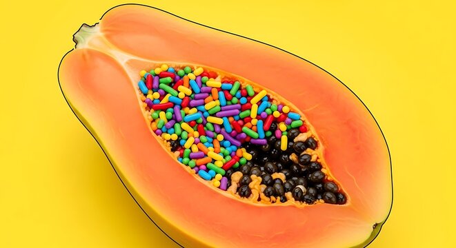 Half papaya fruit filled with colorful rainbow sprinkles on yellow background