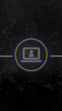 Animation of network of digital icons and network of connections against black background