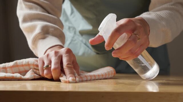Person cleaning and wiping a table surface using a cleaning spray and cloth