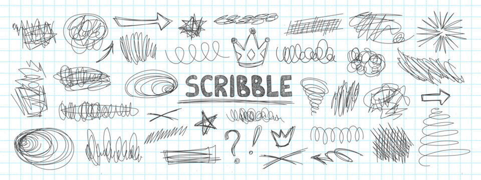 Pen doodles and scribbles form chaotic handwritten textures vector illustration set. Messy sketch lines, pencil marks, and tangled circles create abstract notebook patterns with organic pen strokes.
