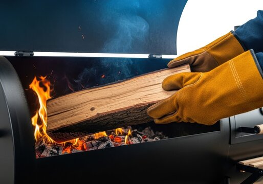 Adding a wood log to a burning offset smoker firebox