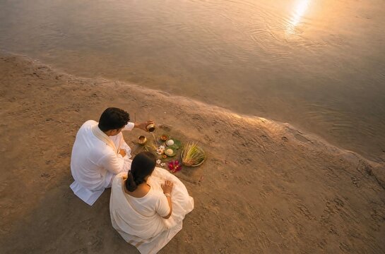 Indian couple performing traditional pitru paksha ritual by river bank