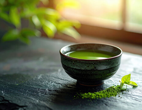 Green tea in ceramic bowl beside matcha powder on dark wooden table