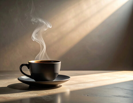 Black coffee cup saucer steam rises in warm sunlight across wooden table