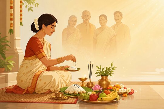 Indian woman performing traditional ancestor worship ritual with food offerings