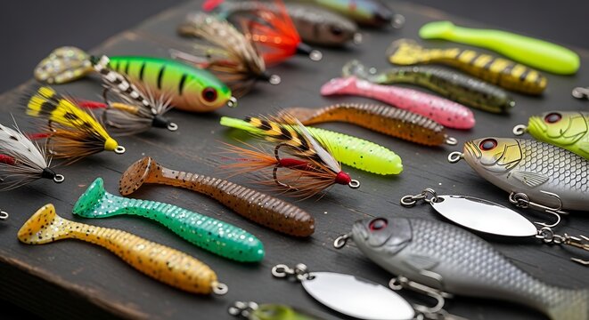 Assortment of colorful artificial fishing tackle and bait gear on a dark background for anglers