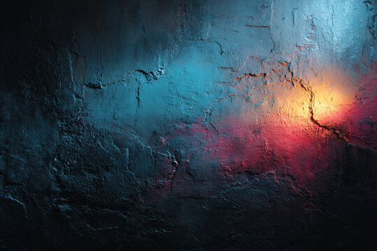 Abstract dark textural background. Blue cyan and fiery red orange light. Cracked surface texture, grunge concrete wall, dramatic shadows and smoky atmosphere, vivid color contrast.