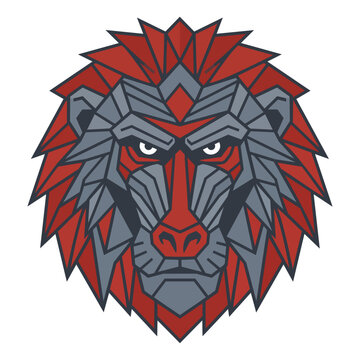 Geometric baboon head logo design, stylized primate vector illustration in red and grey.