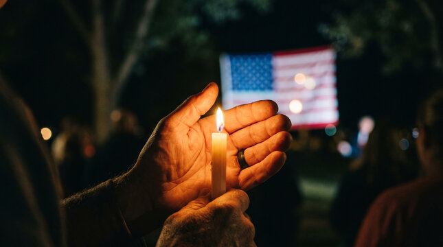 911, hands holding a lit candle during a night vigil with an american flag in the background