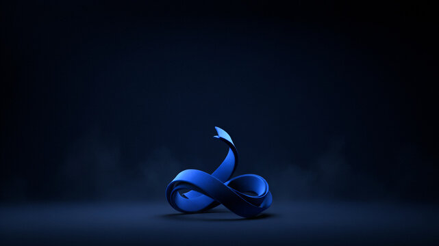 Blue infinity symbol sculpted into a coiled snake form with a raised head, displaying a smooth, reflective surface against a dark, smoky gradient background