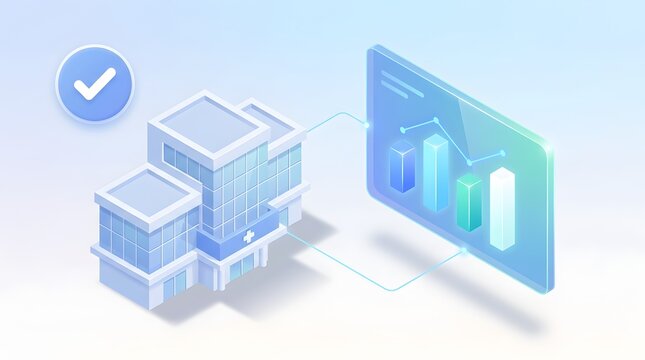 Modern Isometric Hospital Building with Digital Healthcare Bar Chart and Medical Data Analytics