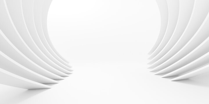 Symmetric white architectural tunnel background with curved circular pillars for futuristic product stage.